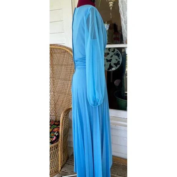 Vintage 1970s Blue Dressy Maxi Dress Pleated Skirt Rhinestone Pearls Size M - Picture 8 of 16